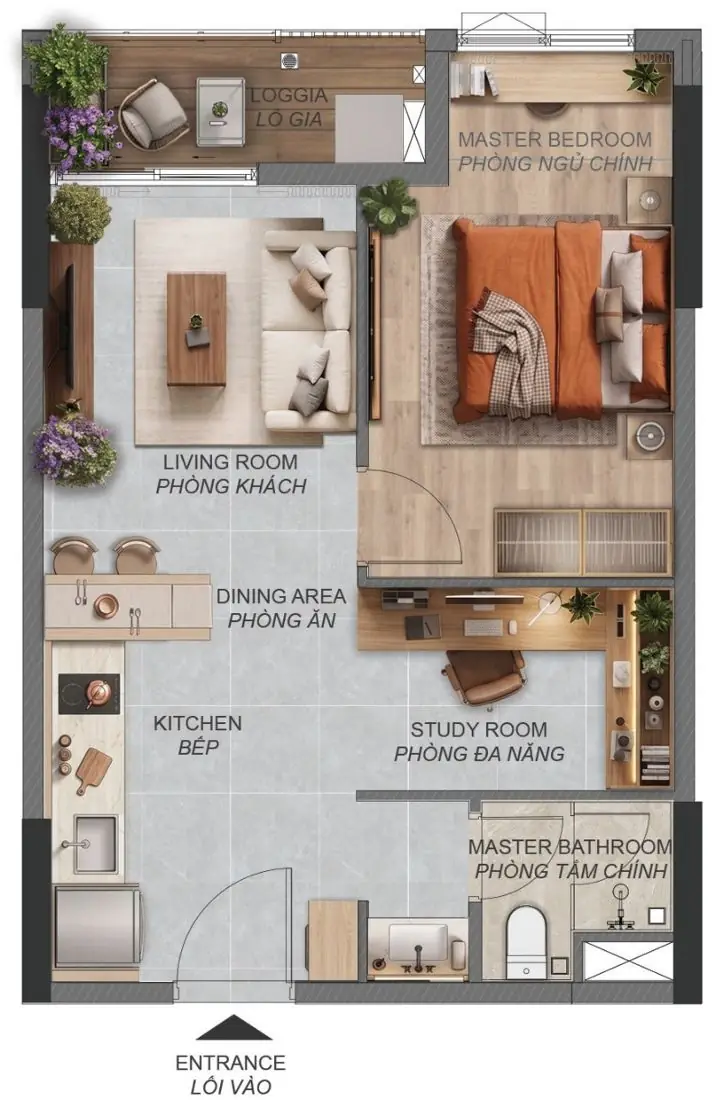 Mặt bằng minh họa 1 phòng ngủ+ A1.1a