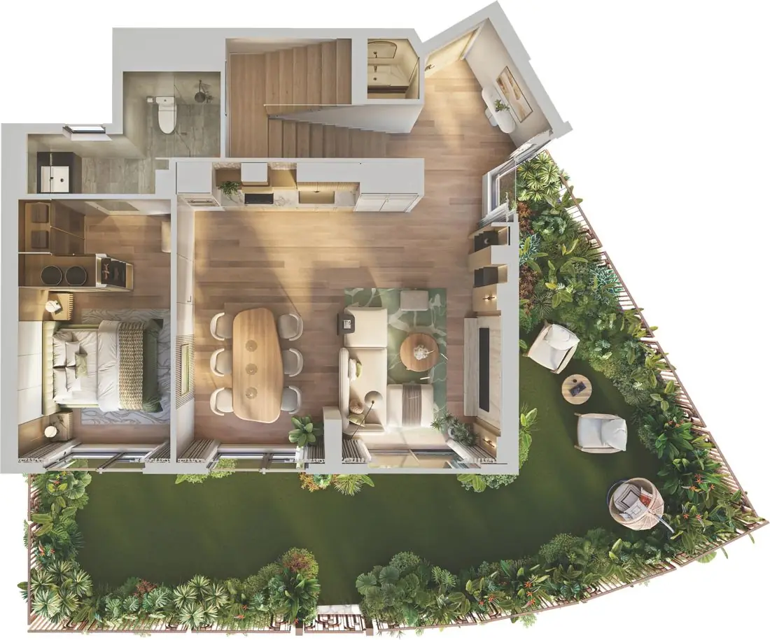 Mặt bằng minh họa Duplex sân vườn D1.1c tầng 1