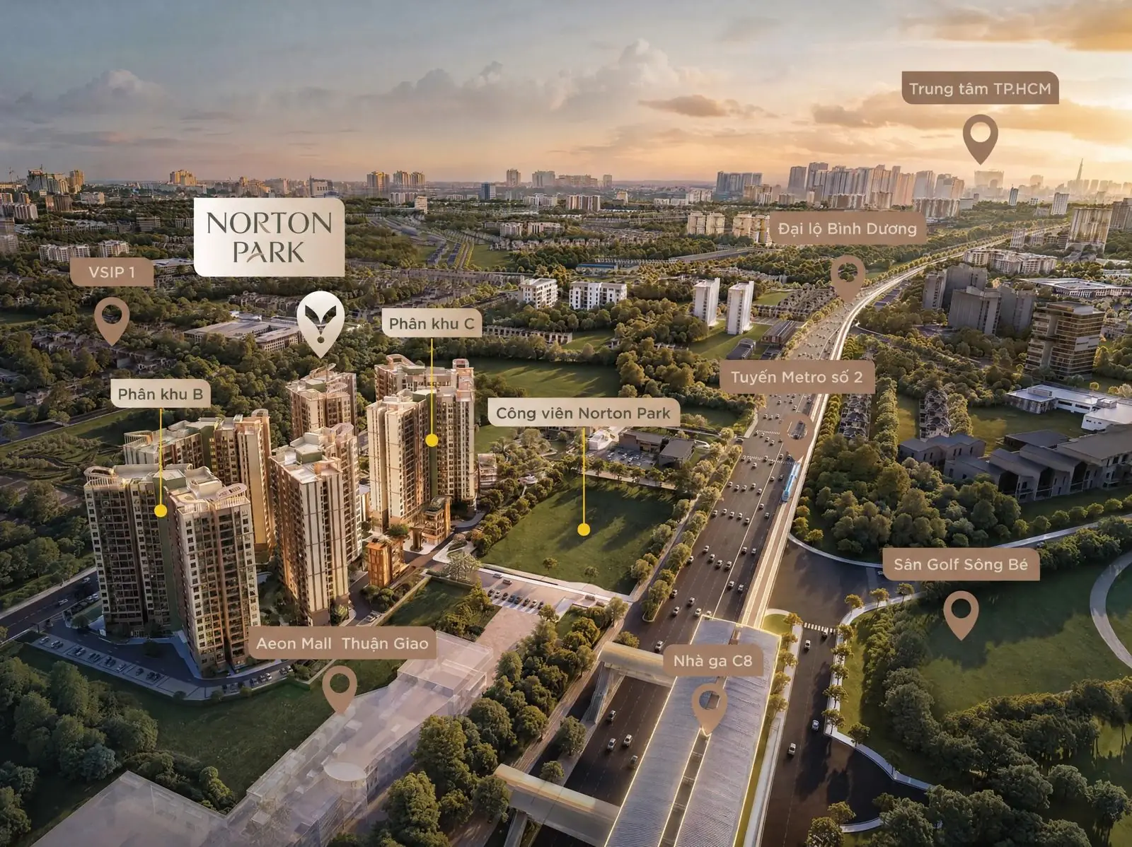 Phối cảnh Norton Park trong tổng thể khu vực: VSIP 1, AEON Mall Thuận Giao, Metro số 2, nhà ga C8, sân golf Sông Bé